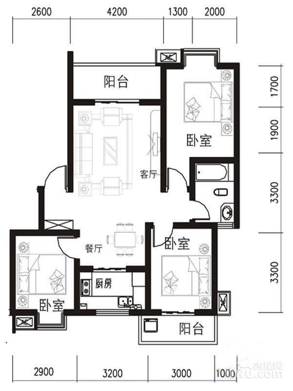 绿城尚品3室2厅1卫89.8㎡户型图