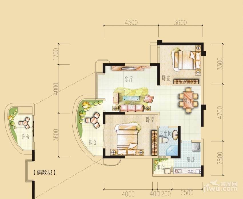 和贵久居福2室2厅1卫88㎡户型图