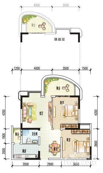 和贵久居福2室2厅1卫88㎡户型图