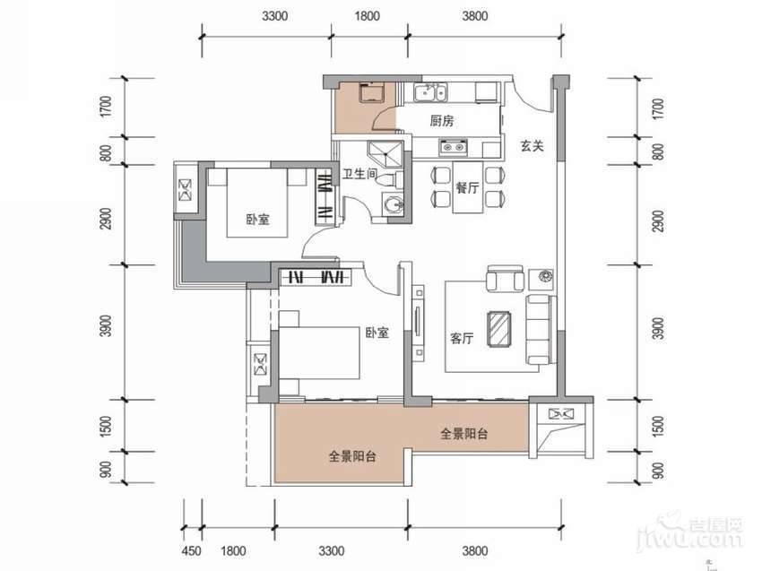 戛纳湾2室2厅1卫88㎡户型图