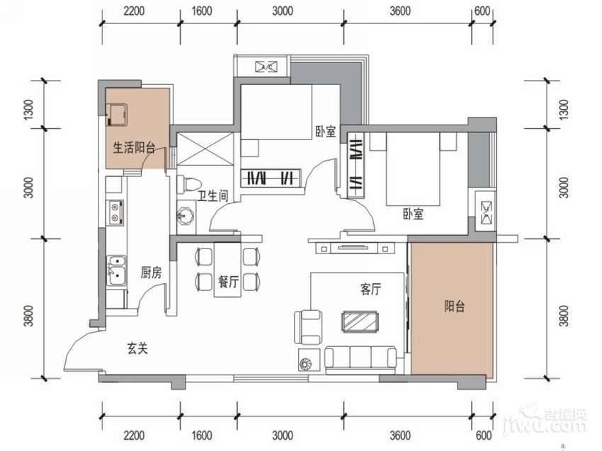 戛纳湾2室2厅1卫87.6㎡户型图