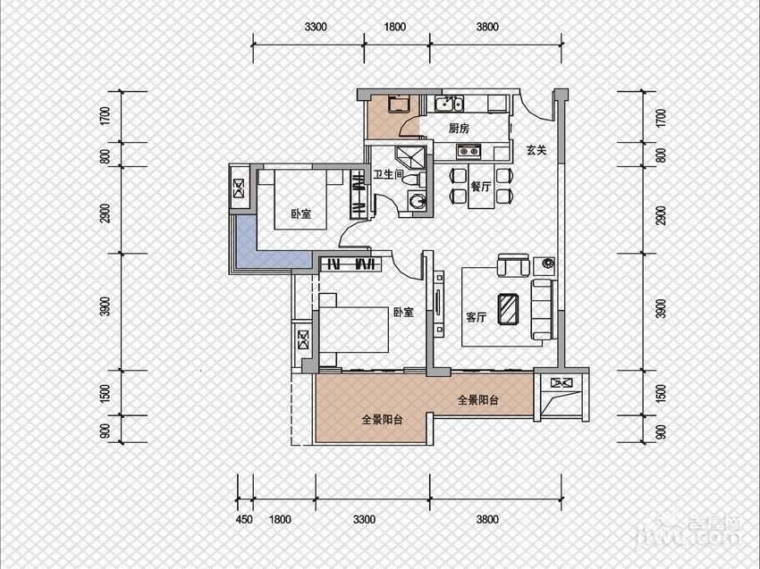 戛纳湾2室2厅1卫88㎡户型图