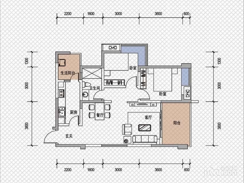 戛纳湾2室2厅1卫87.6㎡户型图