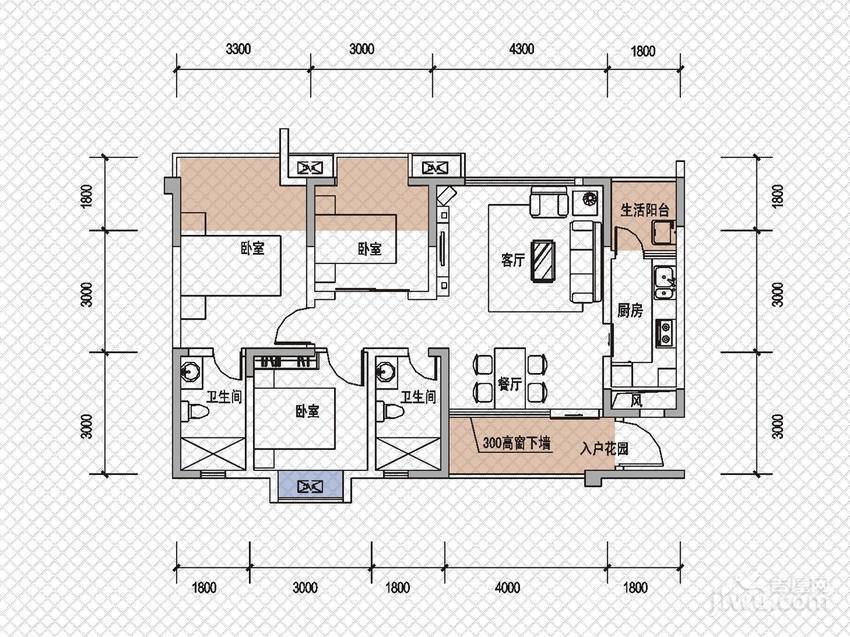 戛纳湾3室2厅2卫96㎡户型图