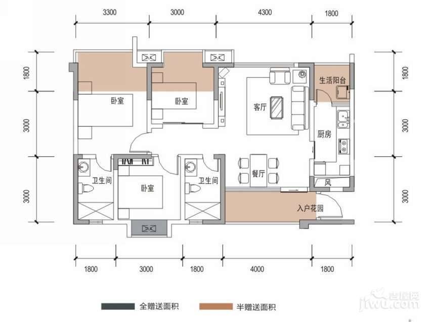 戛纳湾3室2厅2卫96㎡户型图