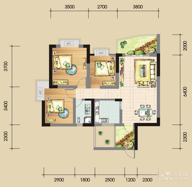 润禾花园3室2厅1卫89㎡户型图