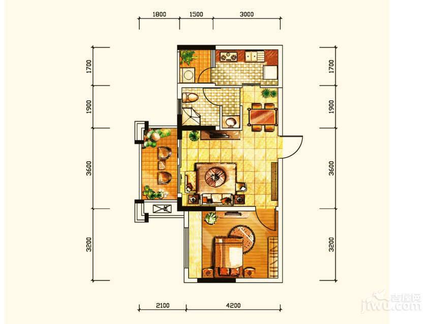 丽都世家1室2厅1卫53.6㎡户型图