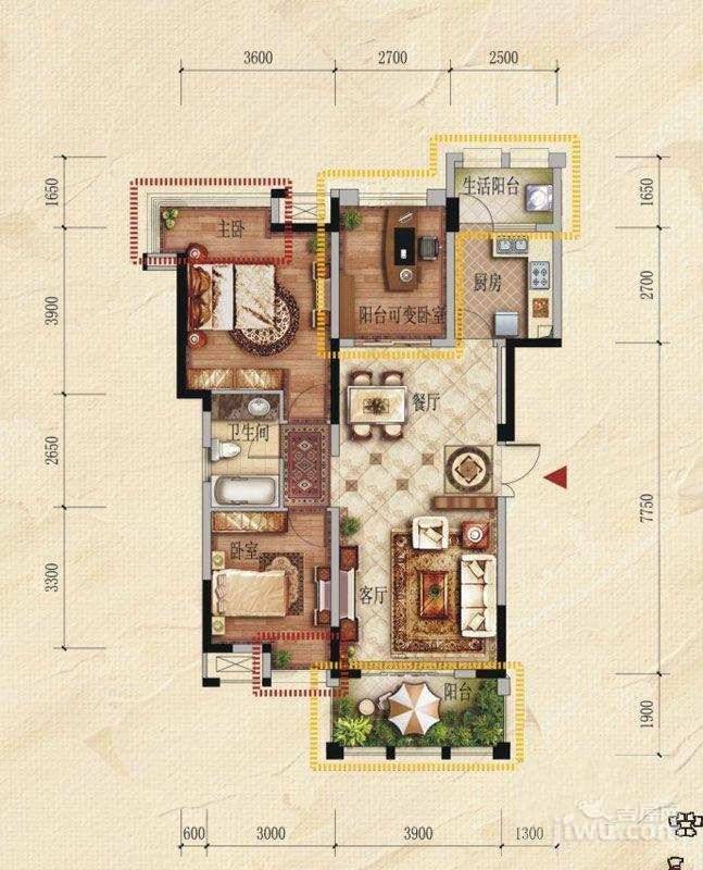 城投观城2室2厅1卫88㎡户型图