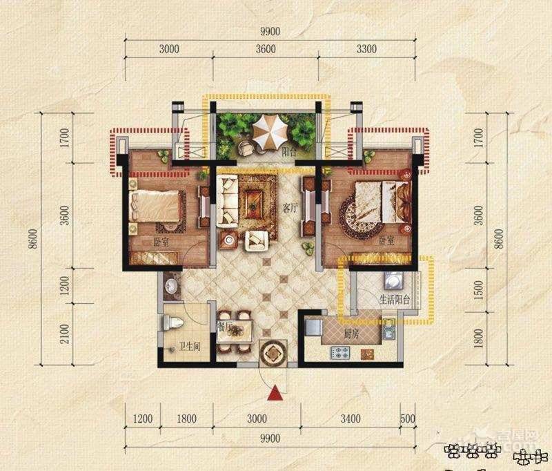 城投观城2室2厅1卫82㎡户型图