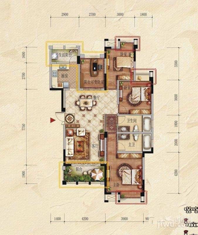 城投观城3室2厅2卫126㎡户型图