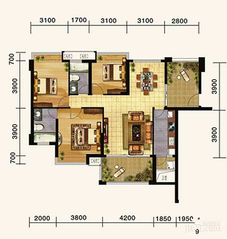 四季豪廷3室2厅1卫123㎡户型图