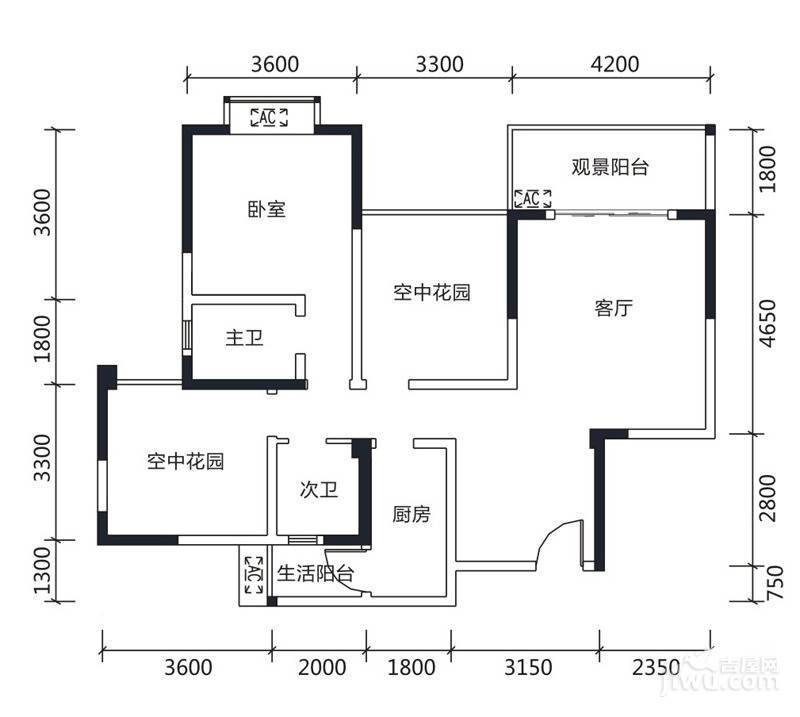 香水城2室2厅2卫100㎡户型图