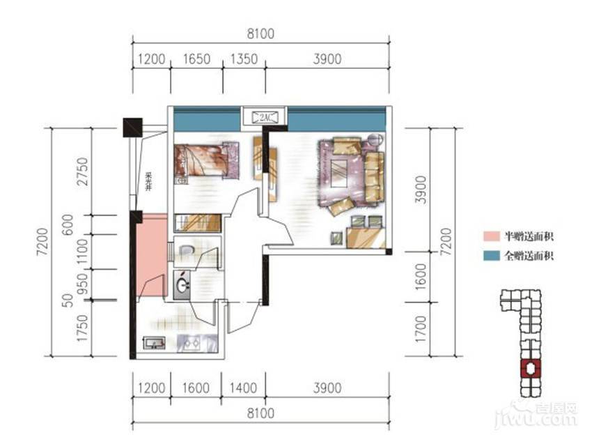 友盛幸福居1室1厅1卫49.8㎡户型图