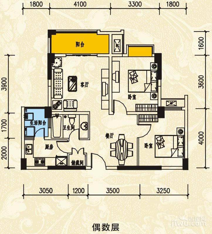 河滨鹭岛2室2厅1卫85.5㎡户型图