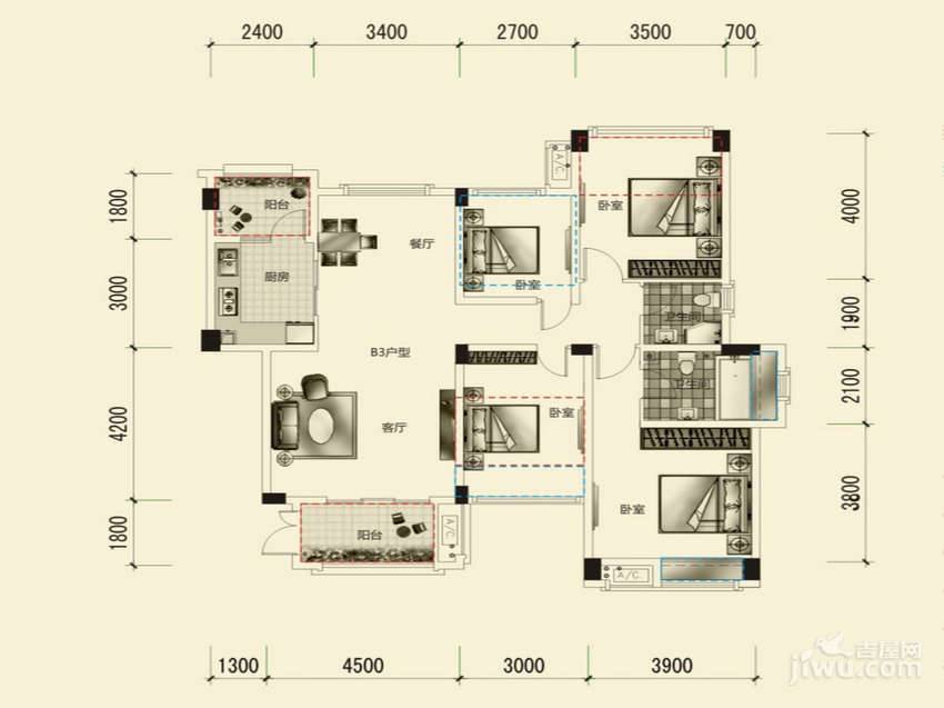 三和爱汀府4室2厅2卫117.3㎡户型图