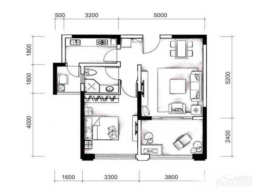 城南优品道广场1室2厅1卫64㎡户型图