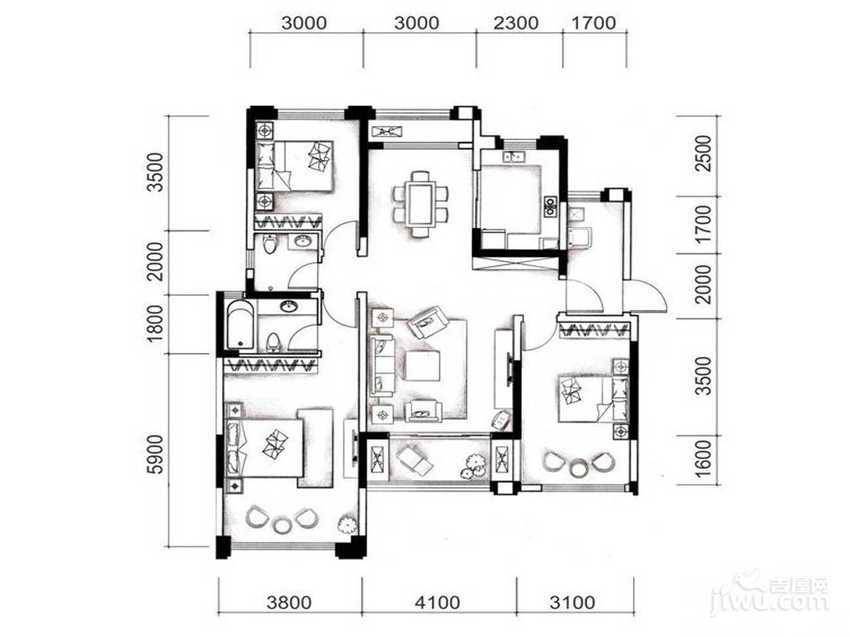 城南优品道广场3室2厅2卫122㎡户型图