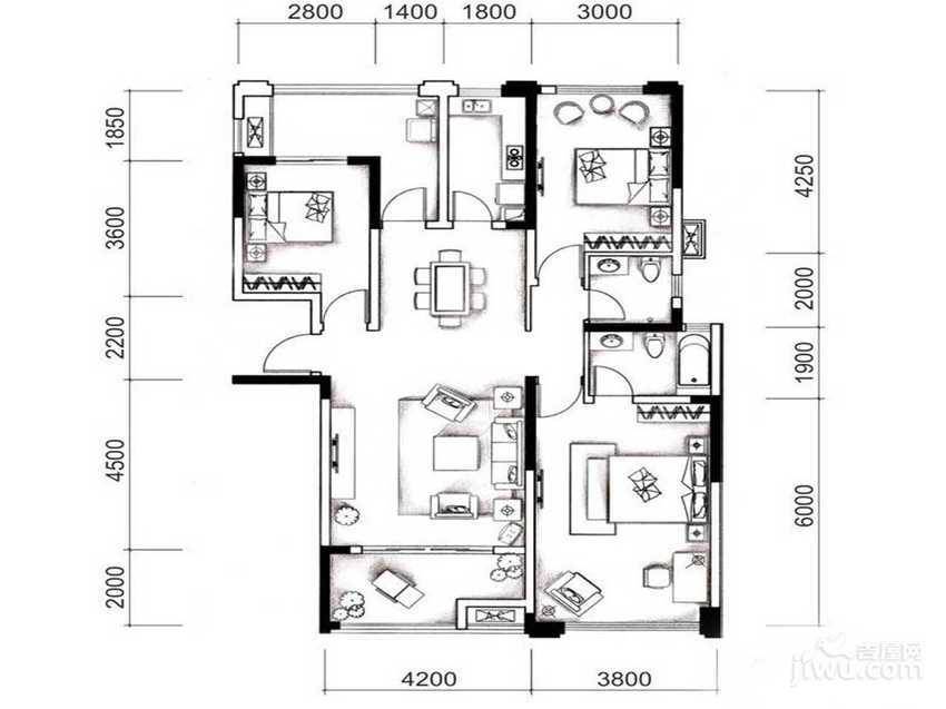 城南优品道广场3室2厅2卫120㎡户型图