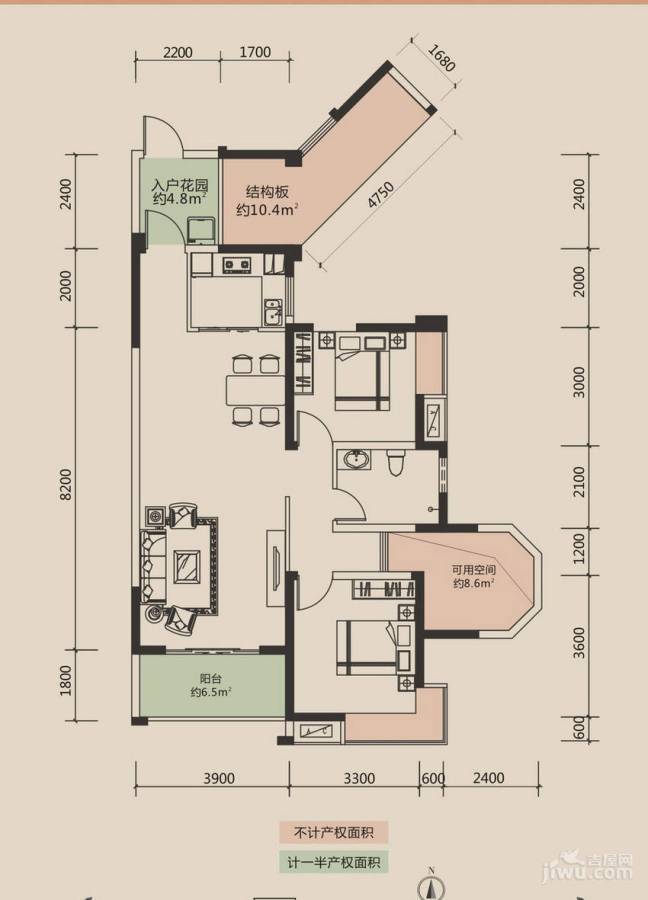 洛森堡新殿3室2厅1卫92㎡户型图