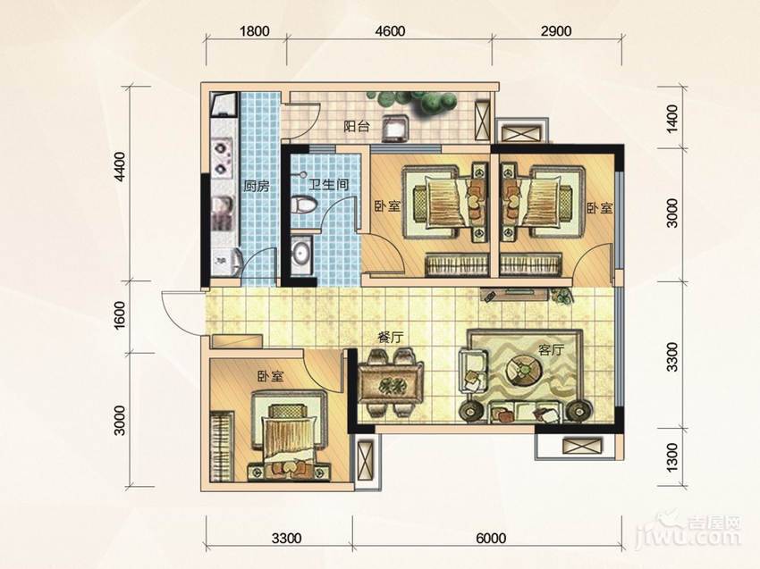 蓝光花满庭二期北区3室2厅1卫67㎡户型图