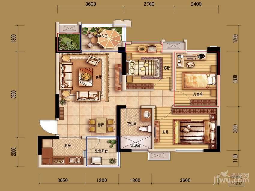 欧洲印象3室2厅1卫68㎡户型图