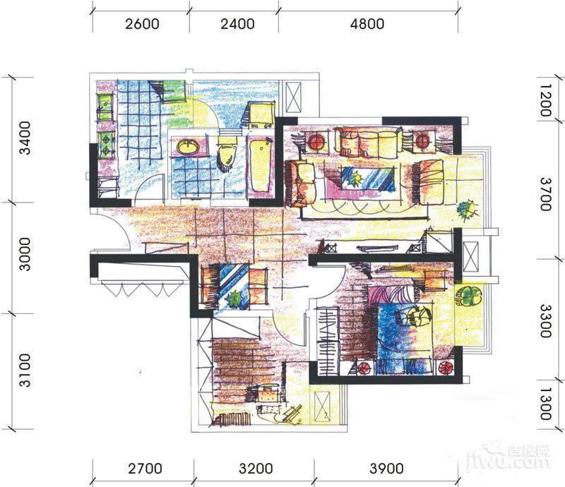 蜀都中心2室2厅1卫86.8㎡户型图