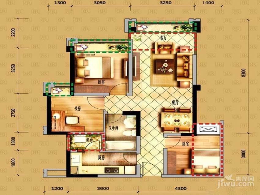 中铁瑞景颐城3室2厅1卫77.7㎡户型图