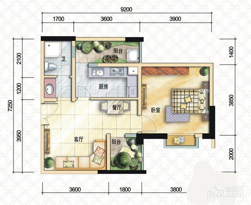 摩玛城1室2厅1卫61.4㎡户型图