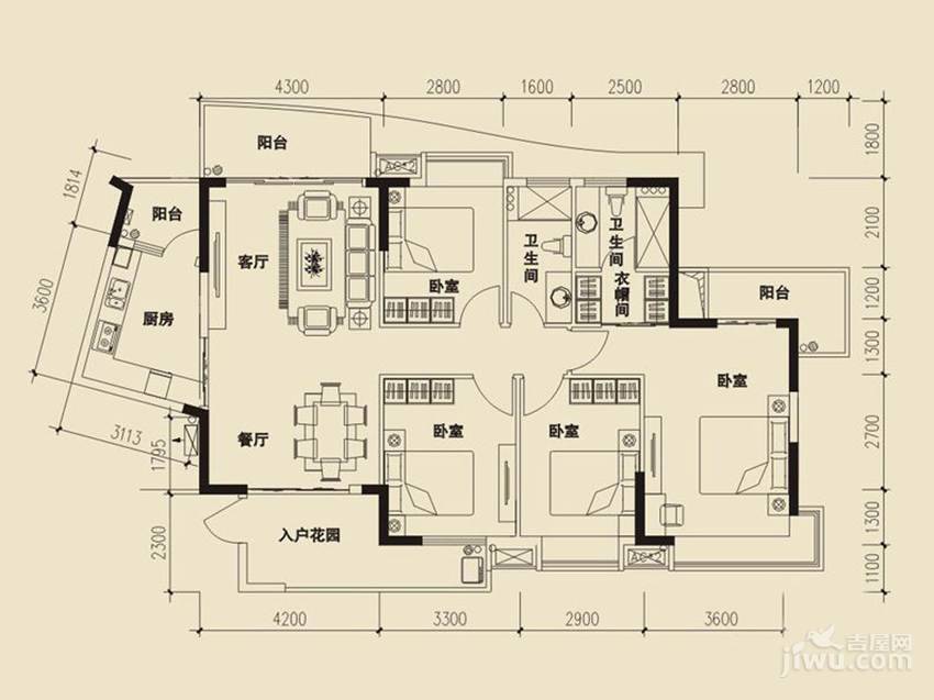 香江紫钻3室2厅2卫123.2㎡户型图