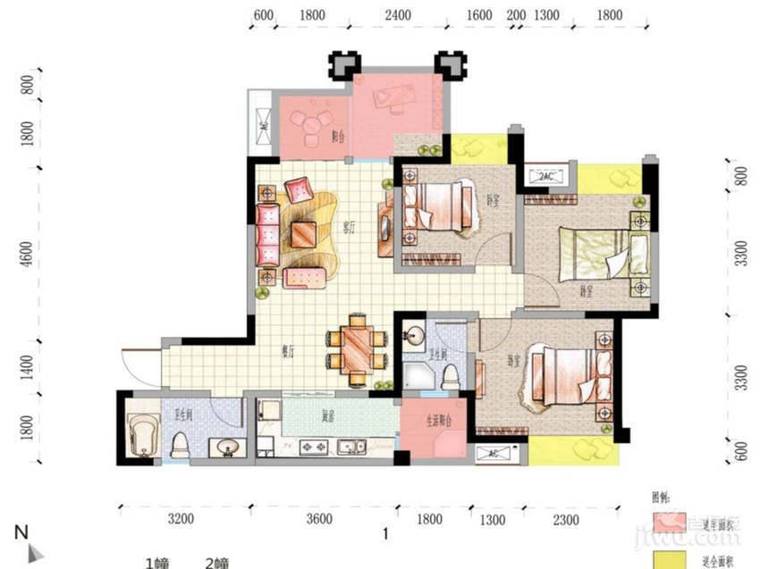 时代豪廷广场3室2厅2卫100.8㎡户型图