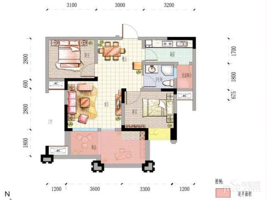 时代豪廷广场2室2厅1卫66.4㎡户型图