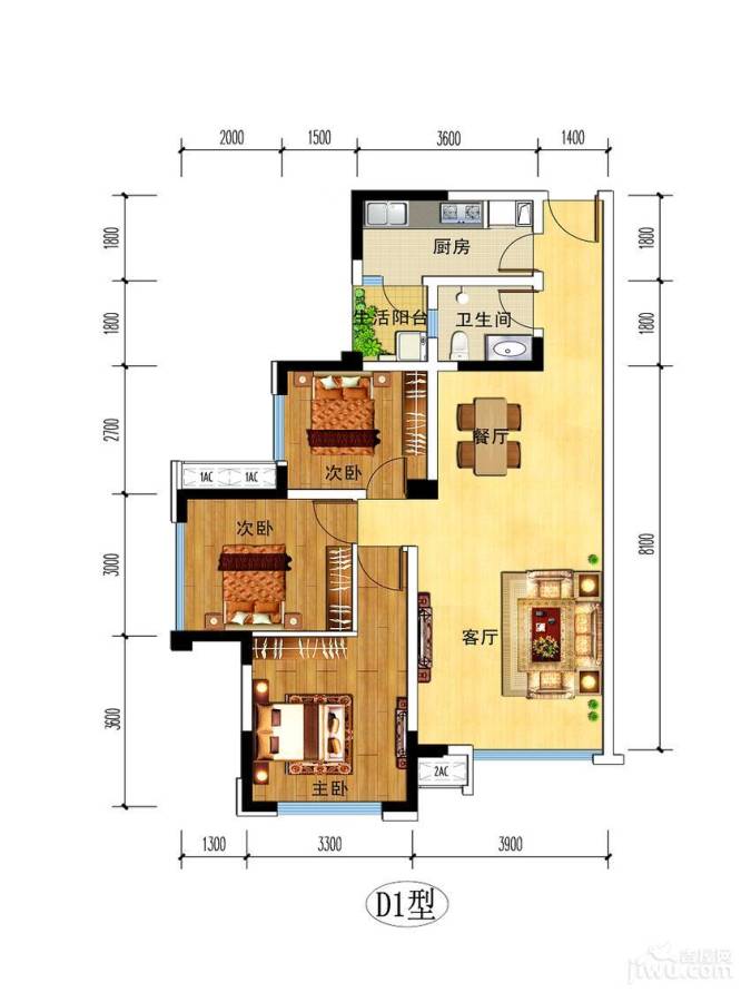 华腾舒云居3室2厅1卫89㎡户型图