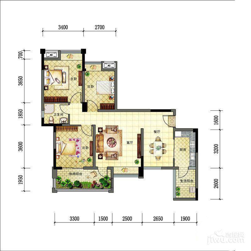 新神风八座3室2厅1卫102㎡户型图