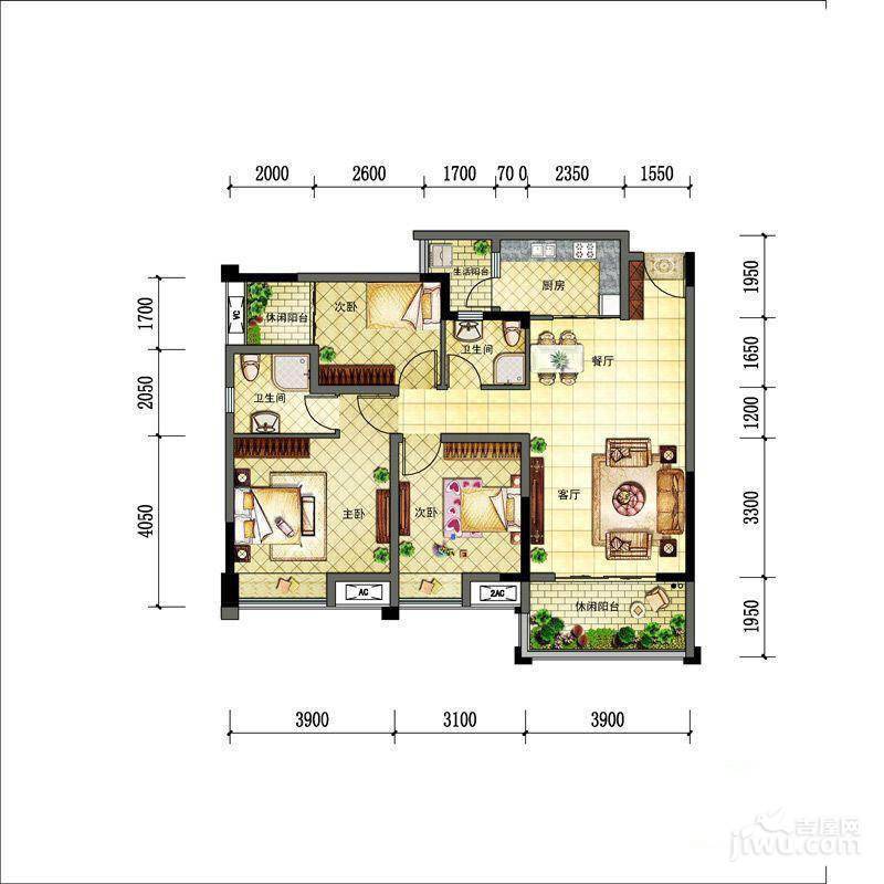 新神风八座3室2厅1卫104㎡户型图