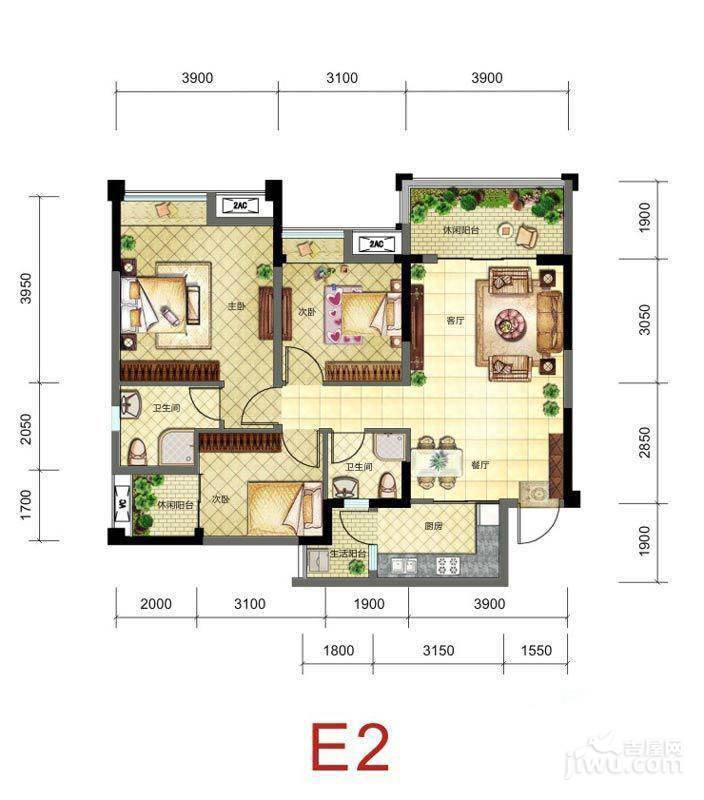 新神风八座3室2厅1卫105㎡户型图