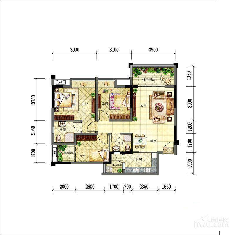 新神风八座3室2厅1卫97㎡户型图