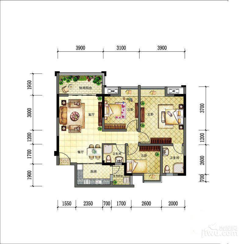 新神风八座3室2厅1卫99㎡户型图