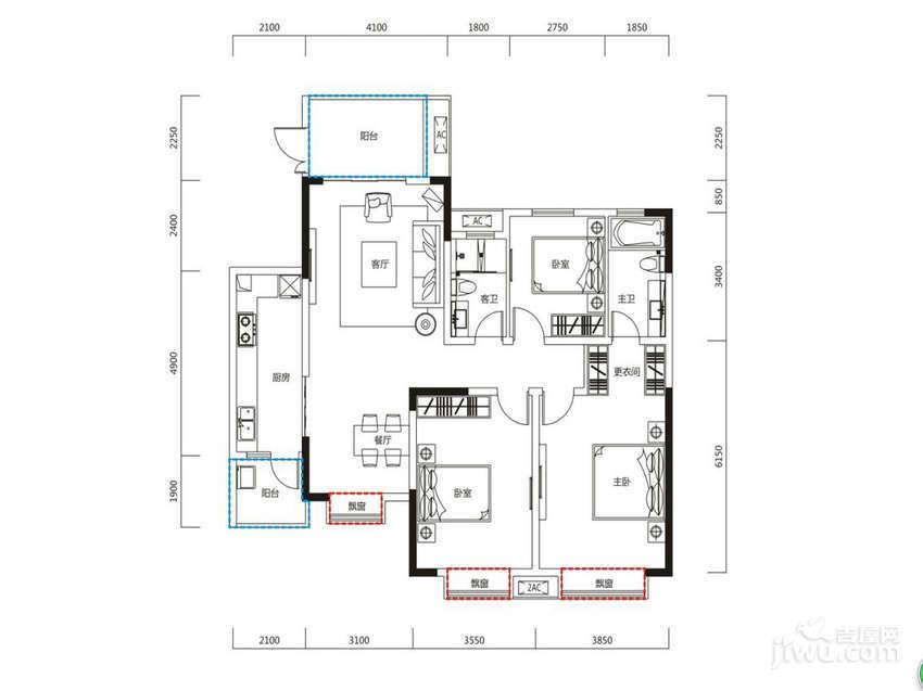 恒大天府半岛3室2厅2卫136.1㎡户型图