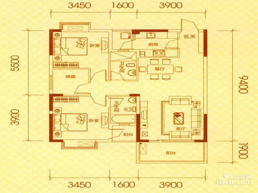 天际首府2室2厅2卫99㎡户型图