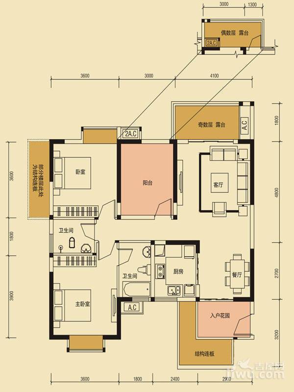 华业北新国际2室2厅2卫102㎡户型图