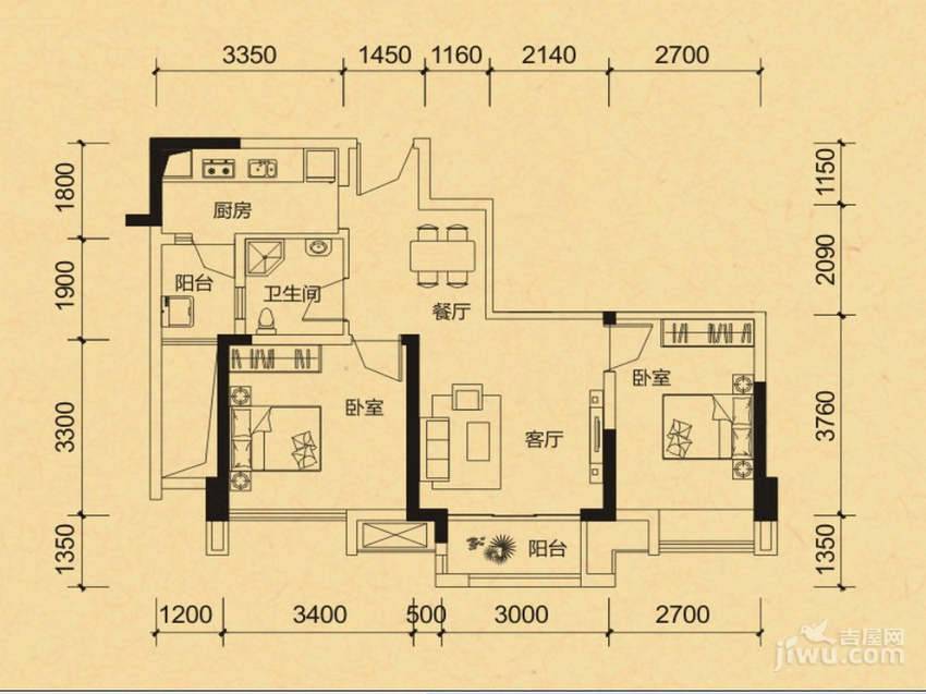 华宇天府花城2室2厅1卫64.7㎡户型图