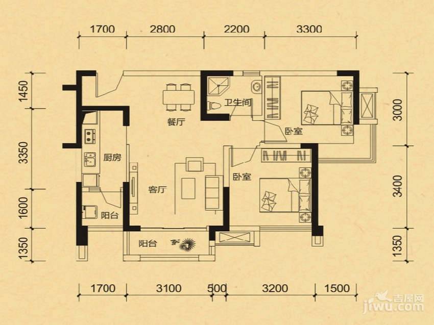 华宇天府花城2室2厅1卫70.9㎡户型图