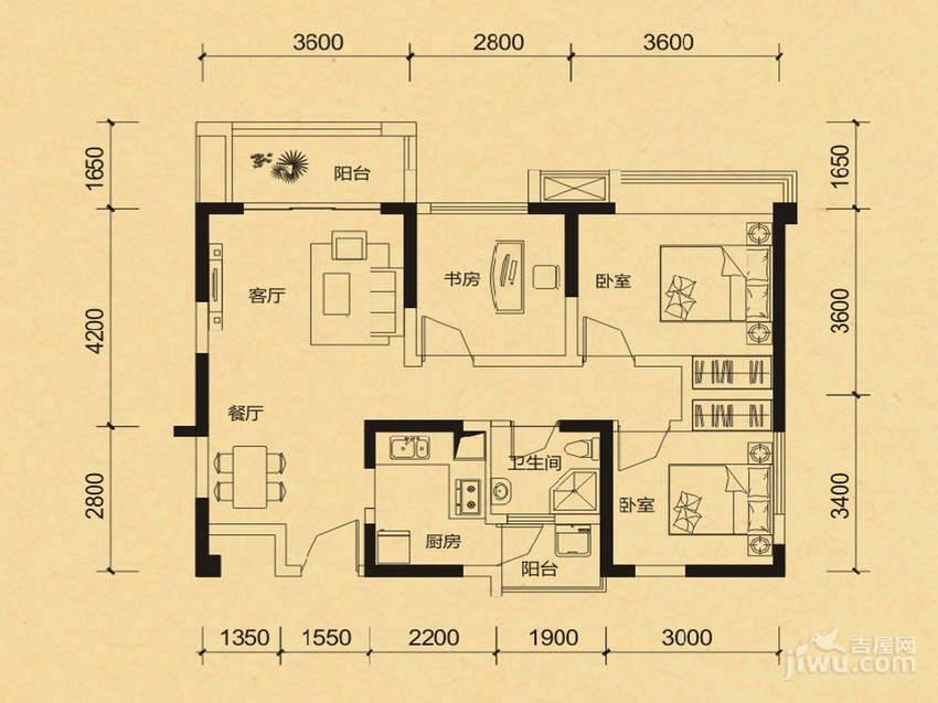 华宇天府花城3室2厅1卫82.5㎡户型图