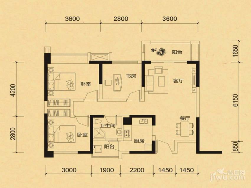 华宇天府花城3室2厅1卫82.8㎡户型图