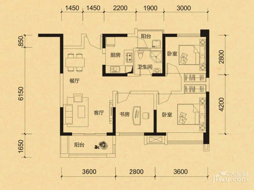 华宇天府花城3室2厅1卫82.8㎡户型图