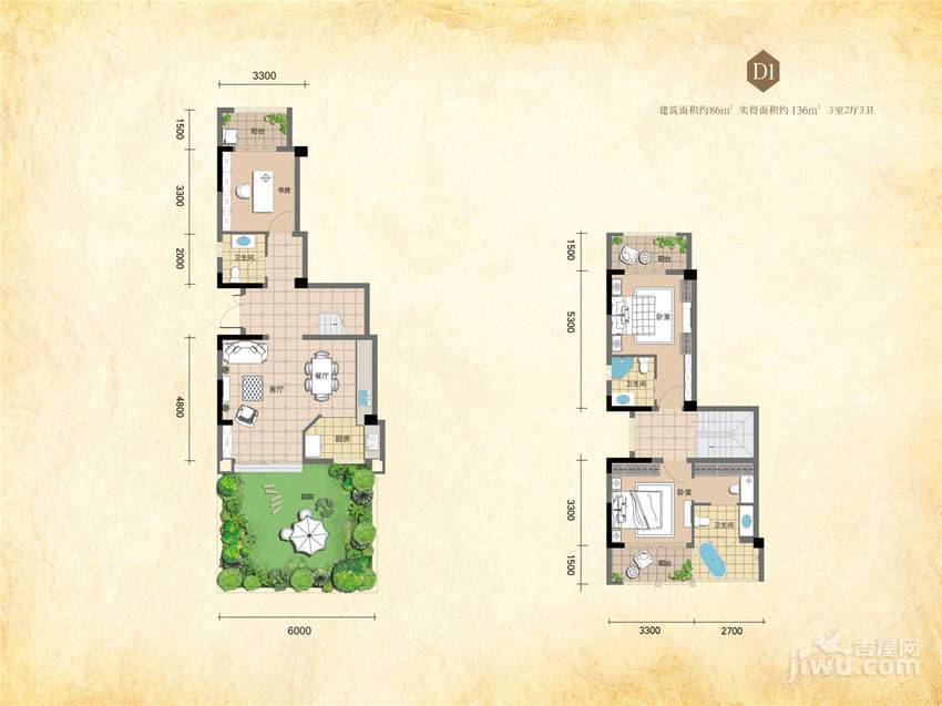 明宇豪雅青城3室2厅3卫86㎡户型图