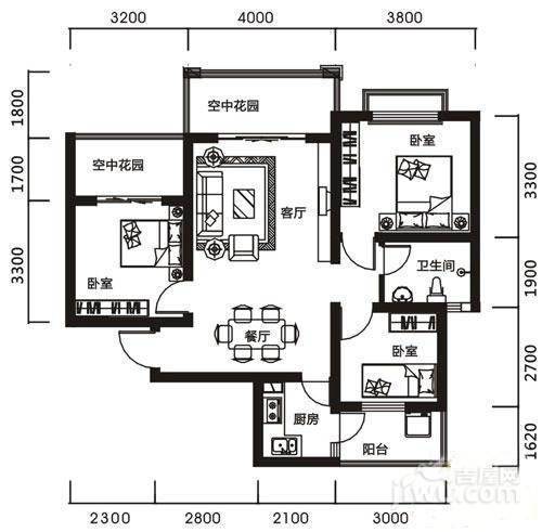 银城花树间3室2厅1卫94.3㎡户型图