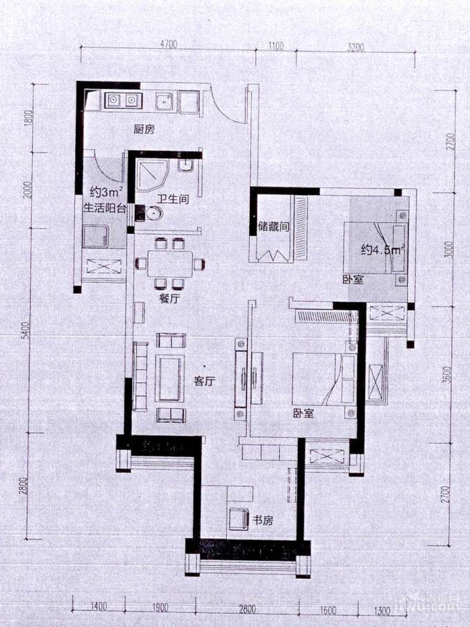 合能四季城3室2厅1卫77.8㎡户型图