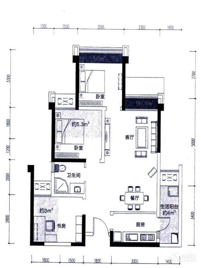 合能四季城3室2厅1卫74.6㎡户型图