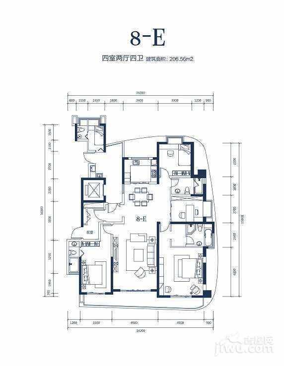 大魔方4室2厅4卫206.6㎡户型图